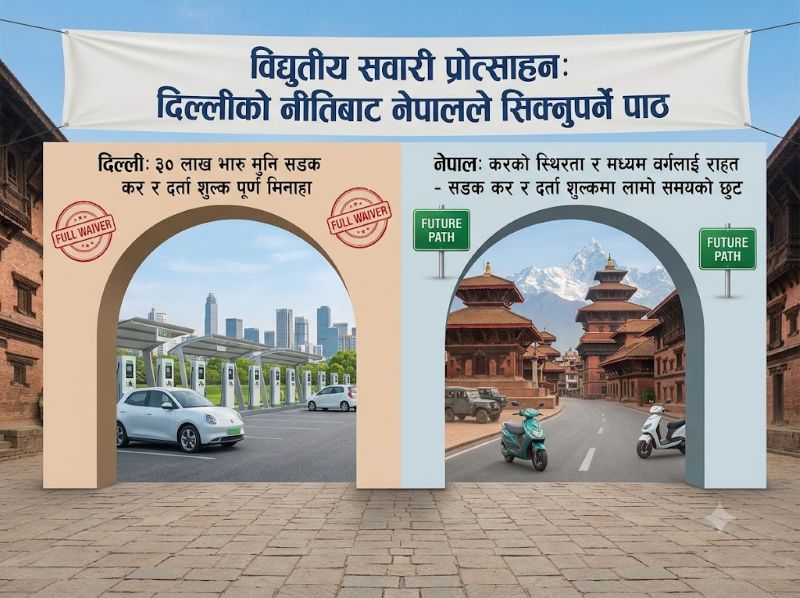दिल्लीमा ३० लाखभन्दा कमका ईभीमा सडक कर र दर्ता शुल्क पूर्ण मिनाहा, नेपालले सिक्नुपर्ने पाठ